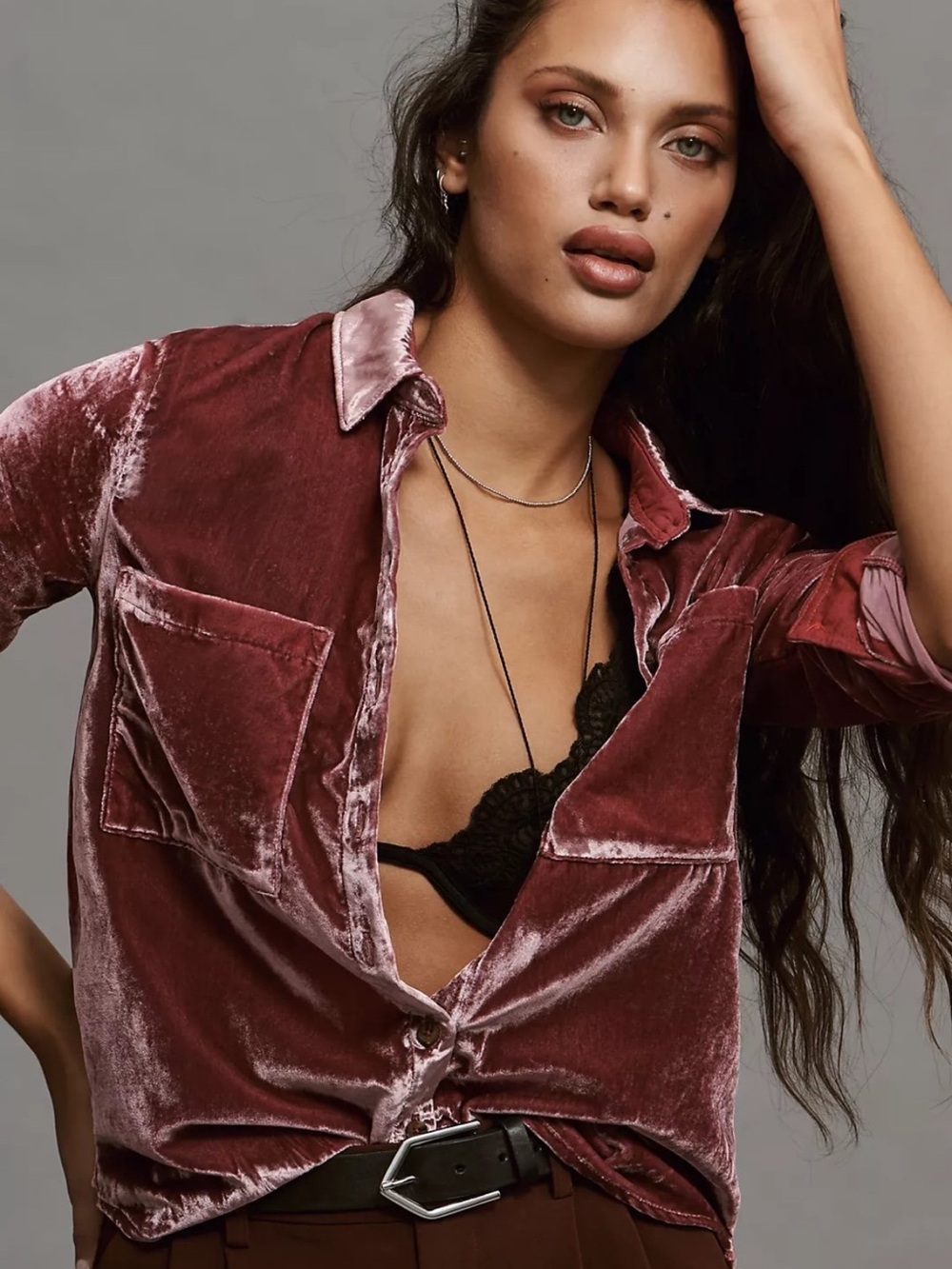 NWT Anthropologie Pilcro Hadley Relaxed Velvet Buttondown Shirt Mauve XS